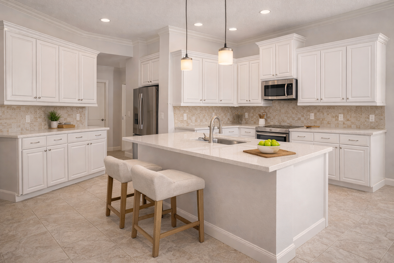 Finished kitchen with freshly painted white cabinets and clean countertops