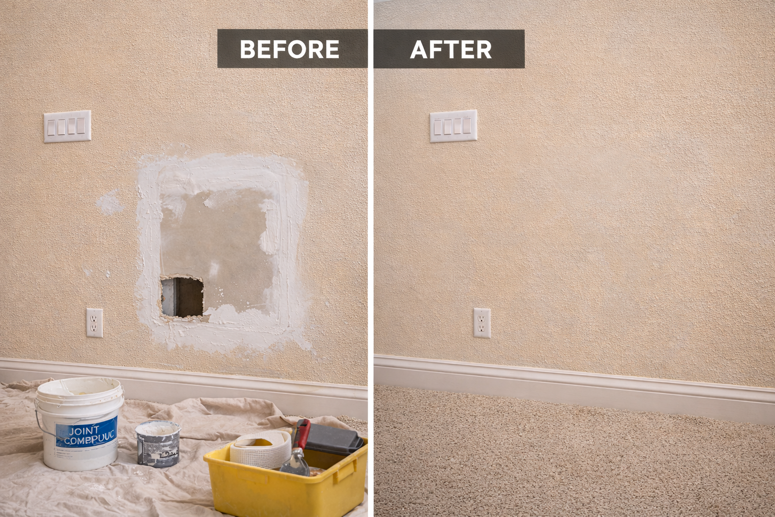 Before and after drywall repair showing smooth wall restoration