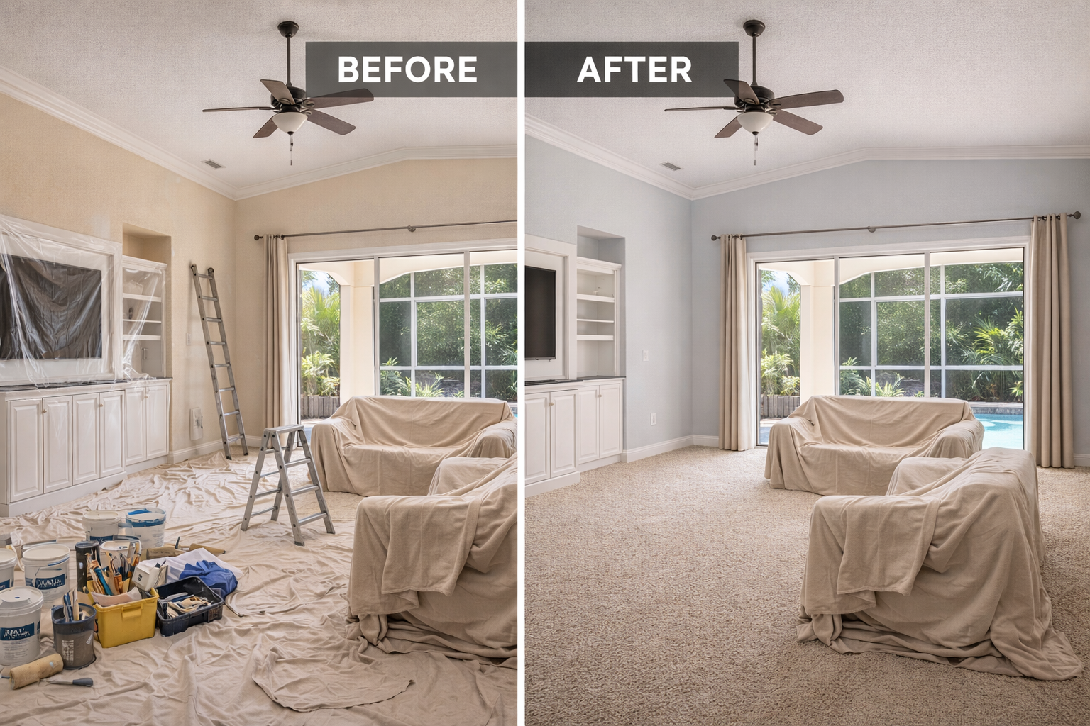 Before and after interior repaint showing wall color transformation